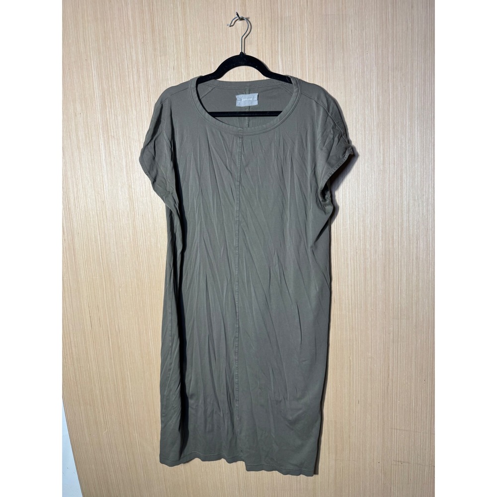 Everlane Womens XL Olive Green 100% Cotton Midi Crew Dress Short Sleeve Slit
